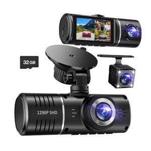 Dash Cam Front and Rear, 1296P Dash Camera for Cars, 3 Channel Car Camera Front Rear and Inside with 32GB Card, Loop Recording, Night Vision, HDR, 24Hr Parking, G-Sensor