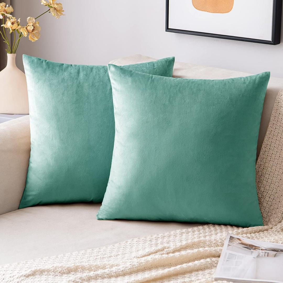 EMEMA Pack of 2 Velvet Throw Pillow Covers Decorative Square Pillowcase Soft Solid Cushion Case for Sofa Bedroom Chair Car 20x20 Inch Aqua Green