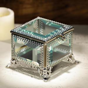Square vintage Glass Jewelry Box with Hinged Lid, Jewelry Ring, Bracelet, Souvenir Metal Display Box, Transparent Storage Box.(3.8x3.8x3.5Inches) (Silver)