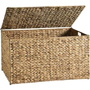 Water Hyacinth Storage Basket with Lid, 17.2 Gallon (65L) Wicker Storage Trunk with Handles, Handwoven Wicker Storage Bin for Blanket, Foldable, for Living Room, Laundry Room, Natural