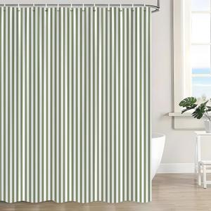 Sage Green and White Stripe Shower Curtain with Vertical Striped Farmhouse Vintage Cute Modern Minimalist Bath Curtain with Hooks
