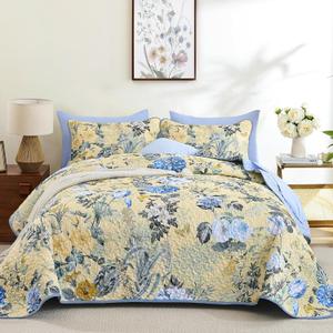 Anibedding 3 Pieces Quilt Set Queen Size, Colorful Floral Reversible Bedspread Coverlet Set, Soft Microfiber Lightweight Bed Cover for All Season (96"x90", 1 Quilt+ 2 Pillow Shams)