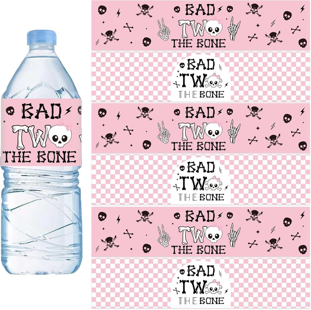 Jollyboom Bad Two The Bone Birthday Party Decorations Girls, 52pcs Bad 2 The Bone Water Bottle Labels Stickers for 2 Year Old Girl Music Rock and Roll 2nd Birthday Party Supplies