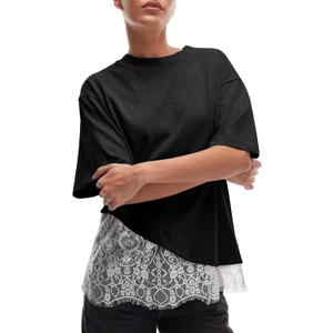 Women's Lace Patchwork Top Summer Daily Relaxed Fit Drop Shoulder Short Sleeve Blouse Casual Weekend T-Shirt, Large