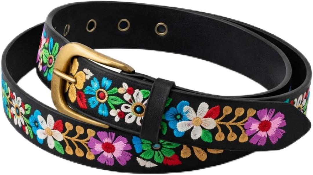 Geyoga Mexican Floral Belt Women Embroidered Western Boho PU Leather Fashion Belt for Dress Jeans Cinco De Mayo Luau Party