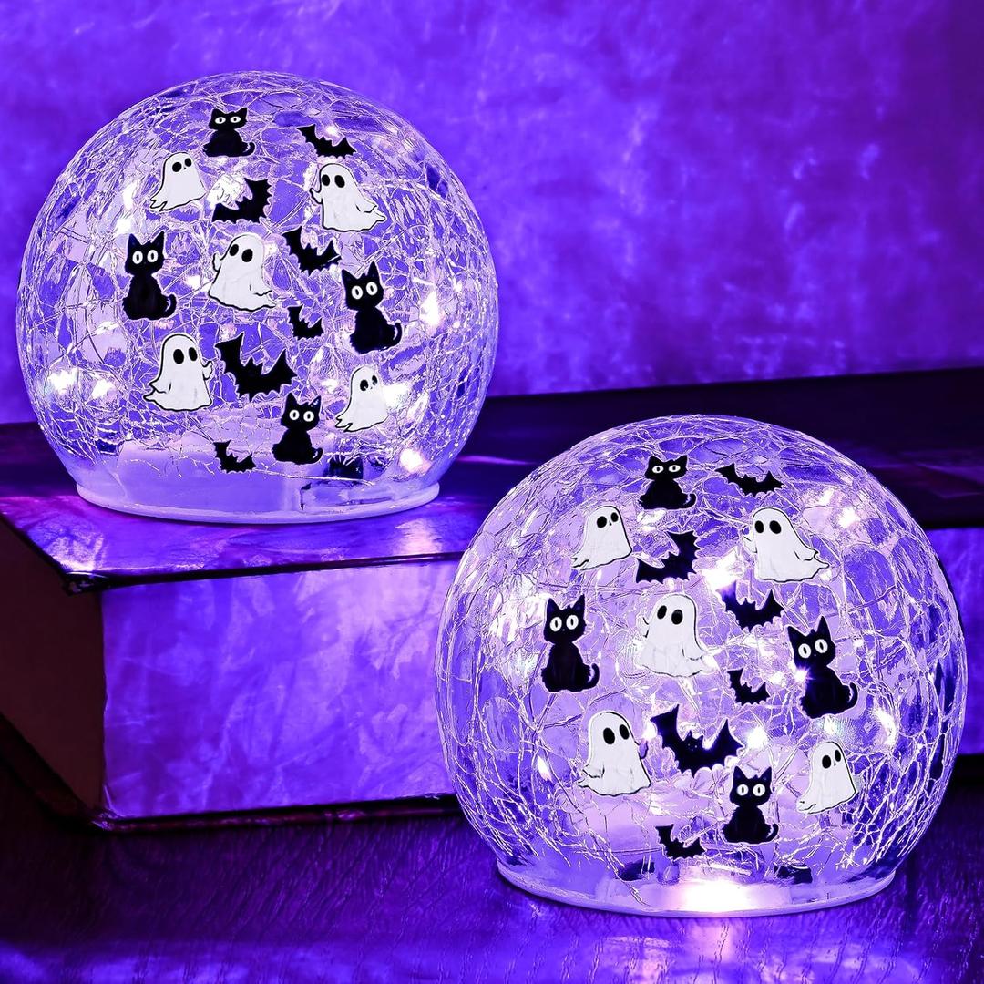 Yinhua 2 PCS Halloween Decorations Indoor 4" Ghost Decor Black Cat Bat Globe Light with Timer Crackle Glass Ball Purple Light for Table Centerpieces Lighted Decorative Ball Led Globe Lamp Gift