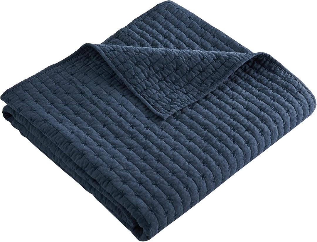 Levtex Home - Cross Stitch - Quilted Throw - 50x60in. - 100% Cotton - Reversible Pattern - Navy with Matching Stitching