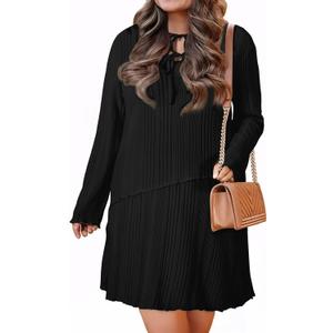 AlvaQ Plus Size Dresses for Women Fall Winter Casual Bow Tie Ruffle V Neck Ribbed Knit Mini Sweater Dress L-4X (Black, XL)