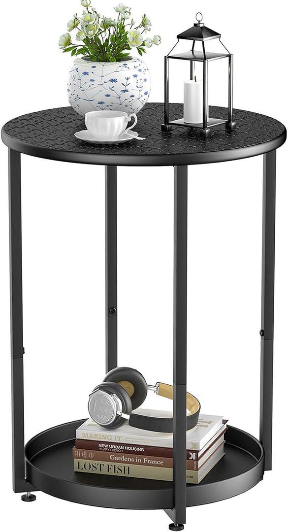Small Round Side Table, 2 Tiers End Table, Black, 15.8 inches x 15.8 inches x 20 inches