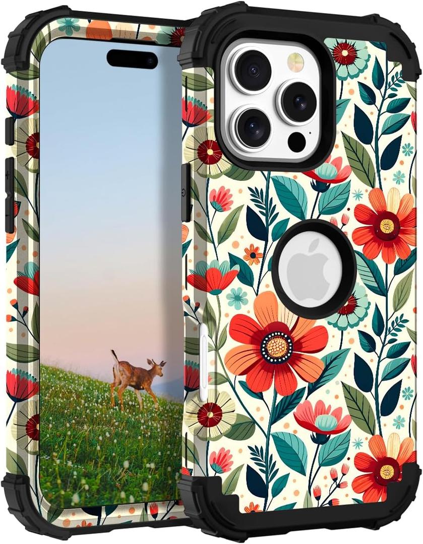 TEECOVER for iPhone 16 Pro Case, Heavy-Duty Shockproof Full Protection Hard Plastic Bumper + Soft Silicone Rubber Protective Case for iPhone 16 Pro - 6.3-Inch, Red Flowers