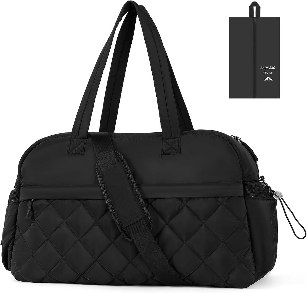 Quilted Puffer Duffle Bag for Women, Gym Bag Women, Ultra Lightweight Weekender Bags for Travel, Black TILYMOL (37L)