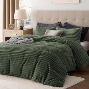 Bedsure Fluffy Duvet Cover Set - Ultra Soft Plush Shaggy Comforter Cover Queen Size, Warm Flannel Fleece Bed Sets for Winter, 3 Pieces (Striped Pattern, Green) (Queen (90" x 90"), 02 - Olive Green (No Comforter))