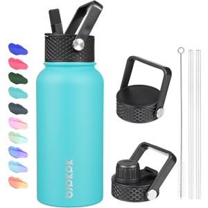 BJPKPK Insulated Water Bottles with Straw Lid, 27oz Stainless Steel Water Bottle with 3 Lids, Leak Proof BPA Free Metal Thermos, Mugs, Tumblers, Keep Cold Hot - Turquoise