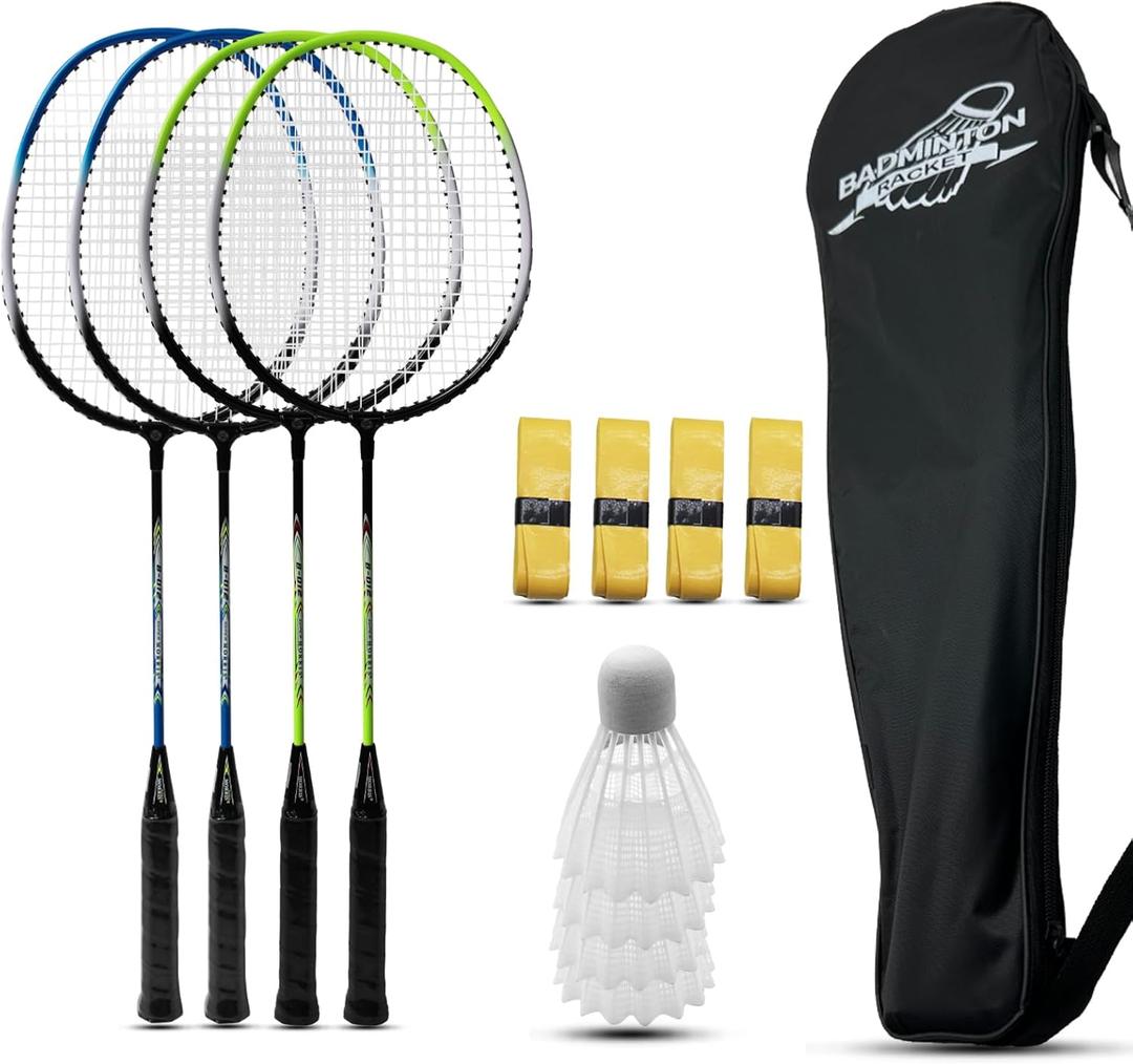 Magicorange Badminton Rackets Set of 4 for Outdoor Backyard Games, Including 4 Racquets,4 Shuttlecocks, 4 Replacement Grip Tapes & 1 Carry Bag (Blue+Green)