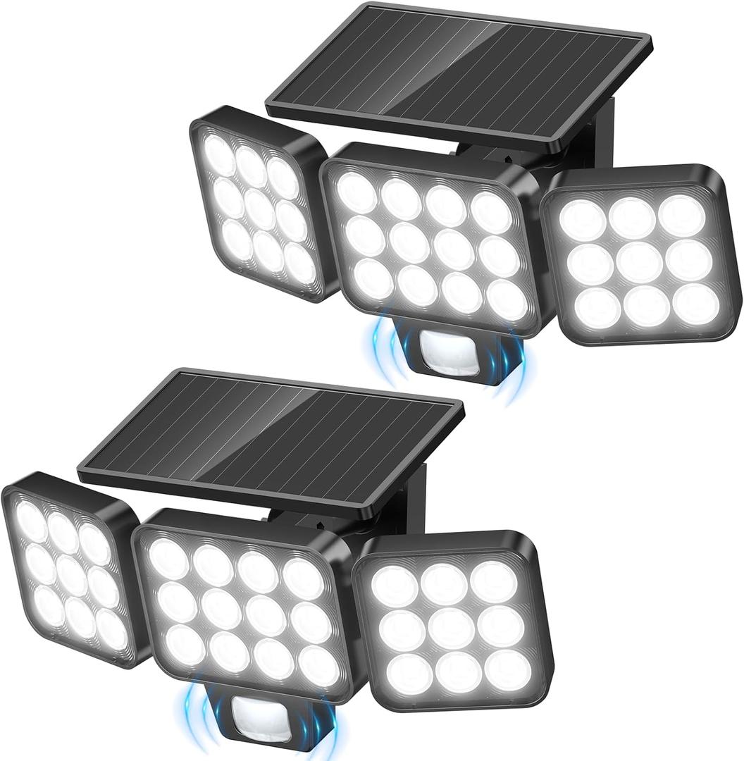 WdtPro Solar Lights Outdoor Flood Light, 3500LM Bright Motion Sensor Outdoor Lights, 3 Heads & Upgrade Glass Panel, LED Solar Powered Security Light Spotlights Waterproof for Outside Yard-2Pack