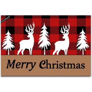 Classic Retro Christmas Reindeer Doormat - Red Black White Christmas Tree Snowflakes Plaid Buffalo Checkered Plaid Doormats Front Door/Bathroom Entrance Mats 23.6" x 15.7"