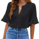 BMJL Womens White Blouses Chiffon Ruffle Short Sleeve V Neck Business Casual Tops Summer Cute Shirt, Size M