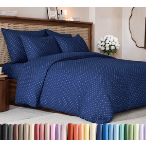 Duvet Cover Queen Size Set - Extra Soft Queen Duvet Cover 90" x 90" with 2 Pillow Shams - Hotel Luxury, Easy Care & Fade Free w/Zipper Closures & Ties - All Season, Comfy and Breathable (Navy Blue Poka Dot)