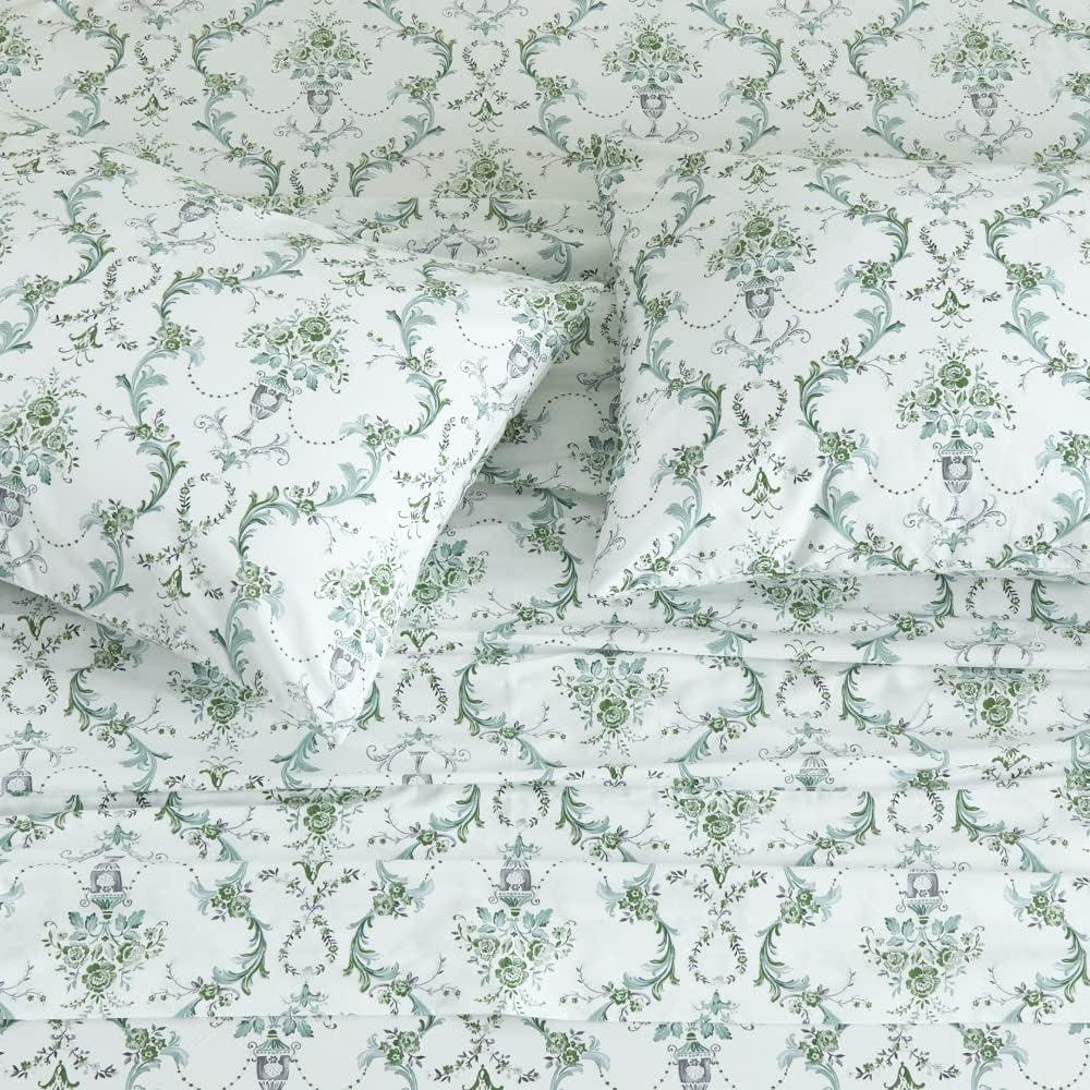 DAUAOTO Cotton Sheets Set California King Printed Bedding Sets, Botanical Vines Pattern Bedlinen for Cal King Bed Up to 14" Deep Mattress, Green