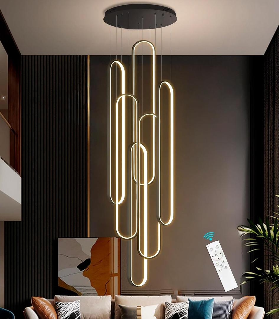6-Rings Modern Chandelier, LED Black Large Contemporary Light for Staircase, Dimmable Flush Mount High Ceiling Chandeliers with Remote Control for Villa Foyer (40in x 7.9in x 138in), Black