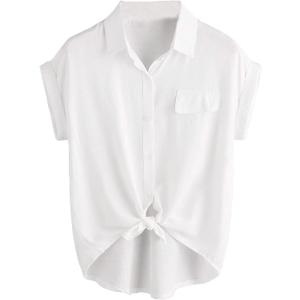 Milumia Women Casual Short Sleeve Button Down Collar Shirt Blouse Front Tie Knot Tops (Medium)