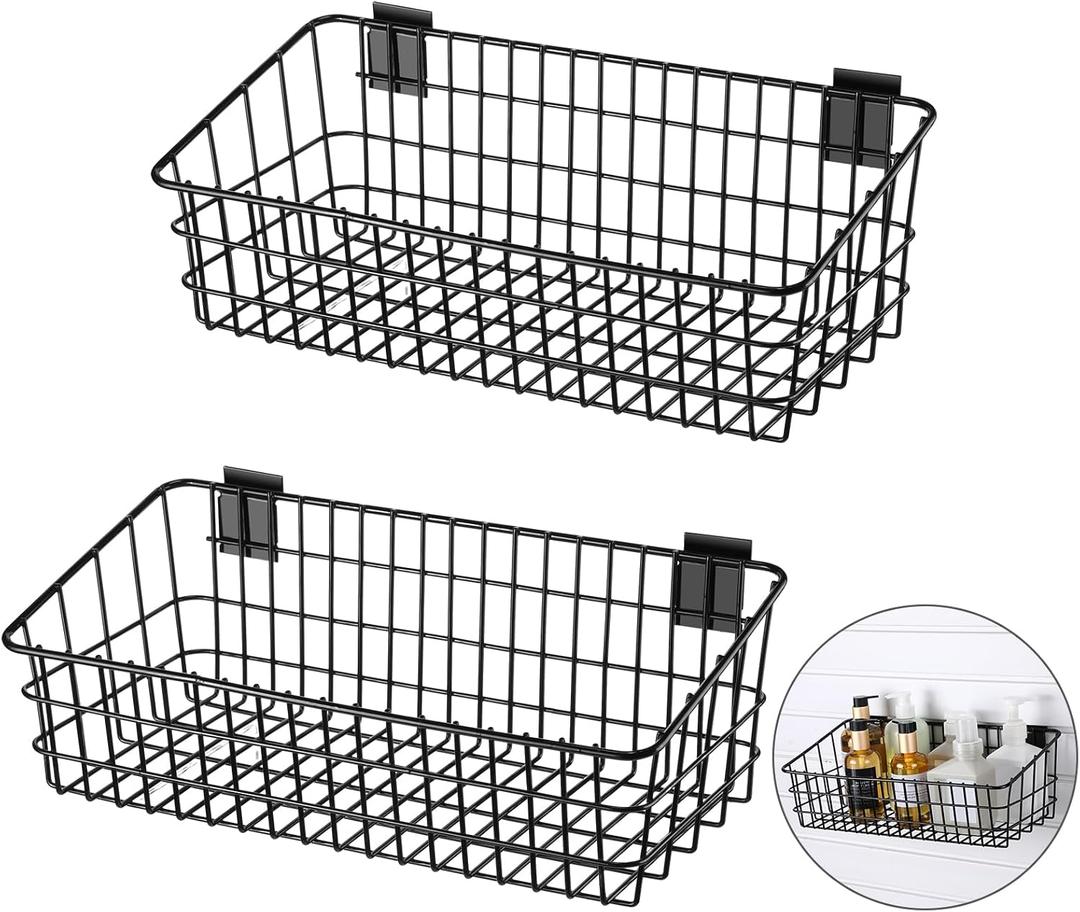 Yaocom 2 Pcs Slatwall Baskets for Slatwall,15.8 Inch Width Metal Heavy Duty Wire Mounted Hanging Basket Storage Display Basket for Retail,Garage,Office,Sports,Toys,and More,Black