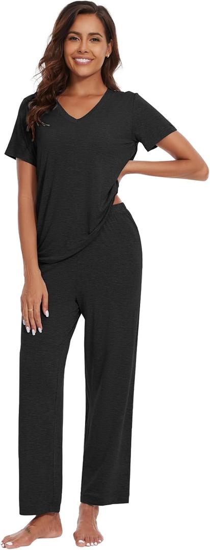 WiWi Bamboo Viscose Pajamas for Women Super Soft Short Sleeve Pajama Set with Pants Cooling Pjs Lightweight Loungewear XXL (B-charcoal Heather)