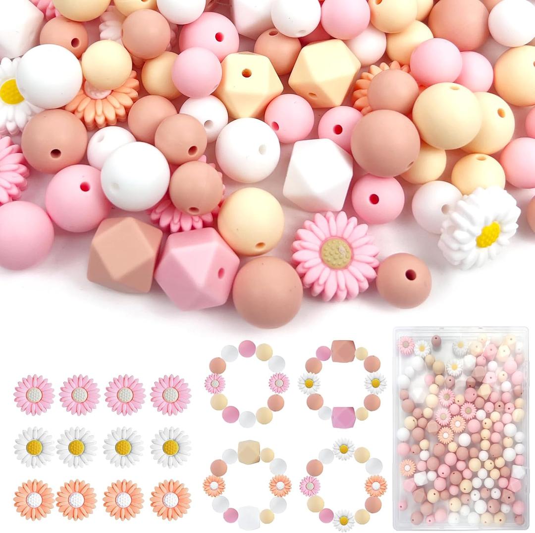 150 Pcs Boho Daisy Silicone Beads Bulk Set, 12mm & 15mm Round, 14mm Hexagon, 20mm Daisy, 4 Colors Pink Flower Loose Silicone Focal Beads for Necklace Bracelet Pens Making