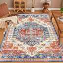 Washable Soft Blue Orange Rug - Vintage Boho Oriental - 8x10 - Bedroom, Living Room, Dining Room - Non Slip