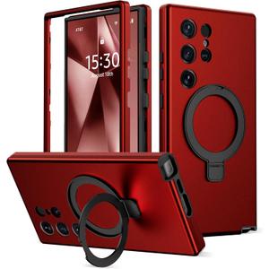 Designed for Samsung Galaxy S24 Ultra Case with Magnetic Ring Stand [Compatible with Mag-Safe][Military Grade Drop Protection][Build in Kickstand] S24 Ultra Phone Case 6.8",Red