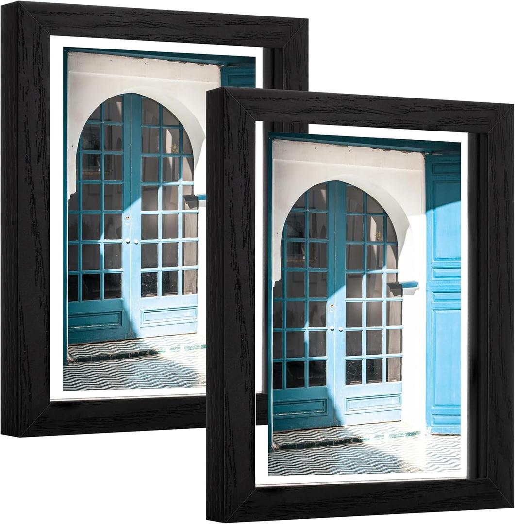 eletecpro 5x7 Floating Picture Frames Set of 2, Clear Double Glass Picture Frames for Wall Mount, Vertical or Horizontal Display Multi-size Photos and Artworks up to 5x7 Inches, Home Decor, Black