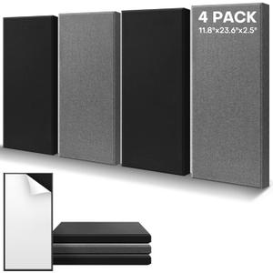 4Pack Fiberglass Acoustic Panels, Self Adhesive Sound Proof Foam Panels for Walls, Sound Dampening Panels for Studios, Office, Home Soundproofing Absorbing Noise Reducing, 23.6x11.8x2.5" Black Grey (Extra Large 4Pcs Black+Grey)