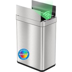 iTouchless 50 Liter / 13 Gallon Wings-Open Lid Sensor Kitchen Trash Can with Odor Filter Dog-Proof Slim Automatic Stainless Steel Garbage Recycling Bin for Home, Office, Bedroom, Business or Garage