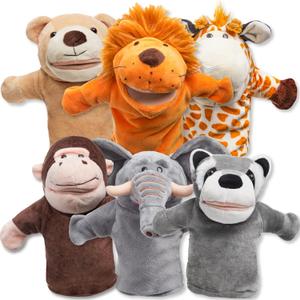 JOYIN 6Pcs Kids Hand Puppet Set with Working Mouth, Toddler Plush Toy Includes Elephant, Giraffe, Lion, Bear, Raccoon and Monkey for Show Theater, Easter Birthday Gifts for Kid