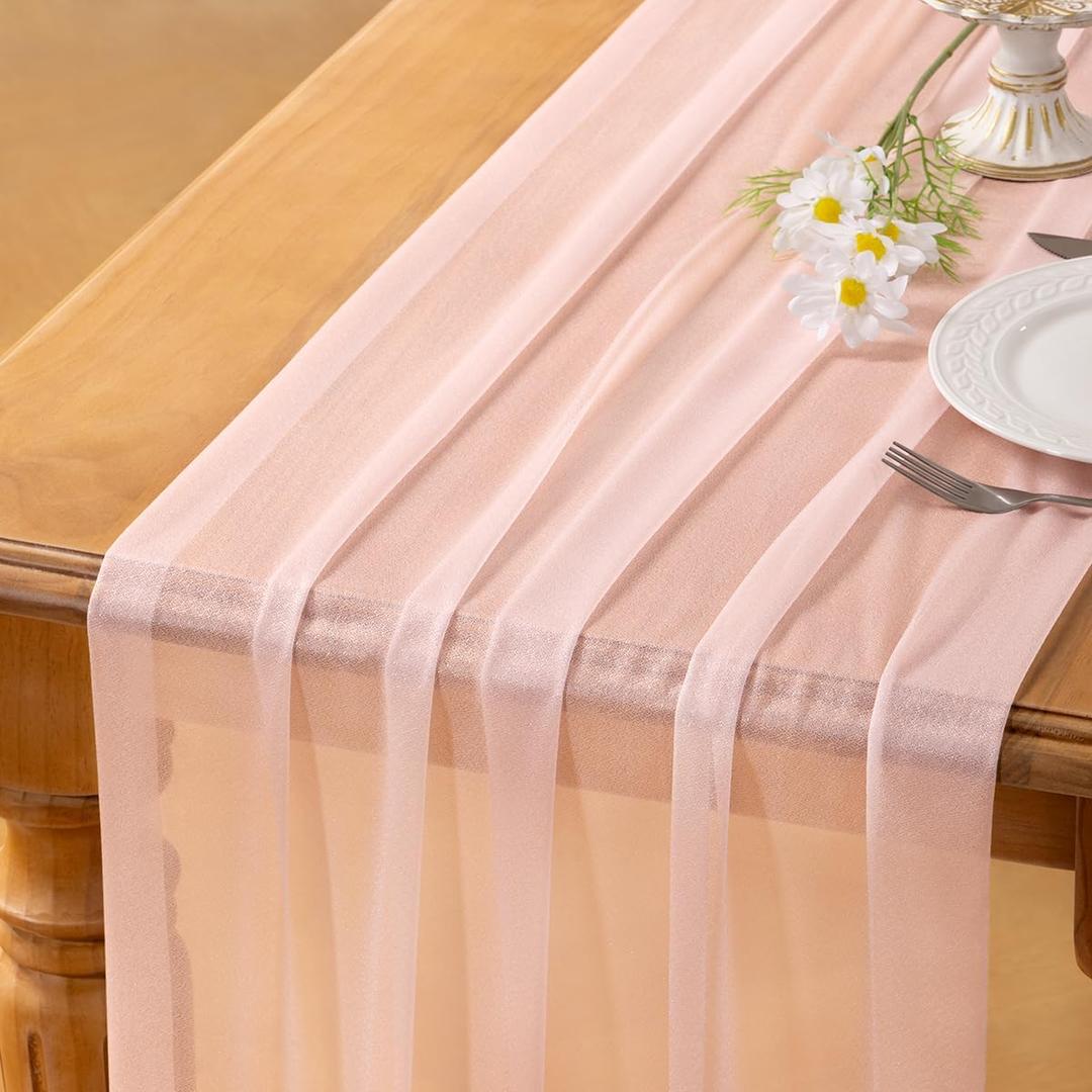 Socomi 4pcs Blush Pink Gauze Table Runner Bulk 10ft Chiffon Like Wedding Table Runner for Bridal Shower Decorations Baby Shower