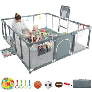 Baby Playpen, 79"x71" Indoor  Outdoor Playpen with Breathable Play Pen with Ocean Balls Hanging Pocket Basketball Hoop and Football Goal