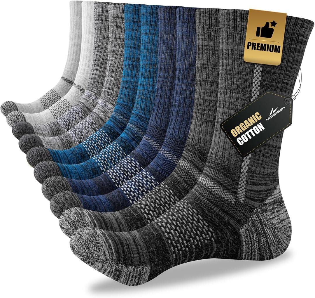 Niorasen Men's Cotton Crew Work Socks, 5 Pairs Cushioned Boot Moisture Athletic Socks for Hiking Sports Running