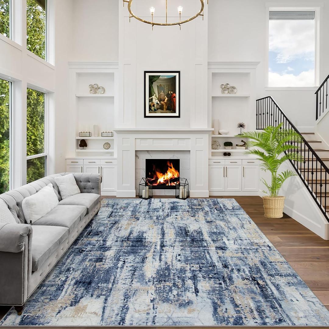 8x10 Area Rugs Washable Rug: Large Modern Abstract Living Room Rug Soft Anti-Skid Thin Carpet Indoor Floor Non-Shedding Carpets for Bedroom Dining Room Farmhouse Nursery Home Office Blue Gold