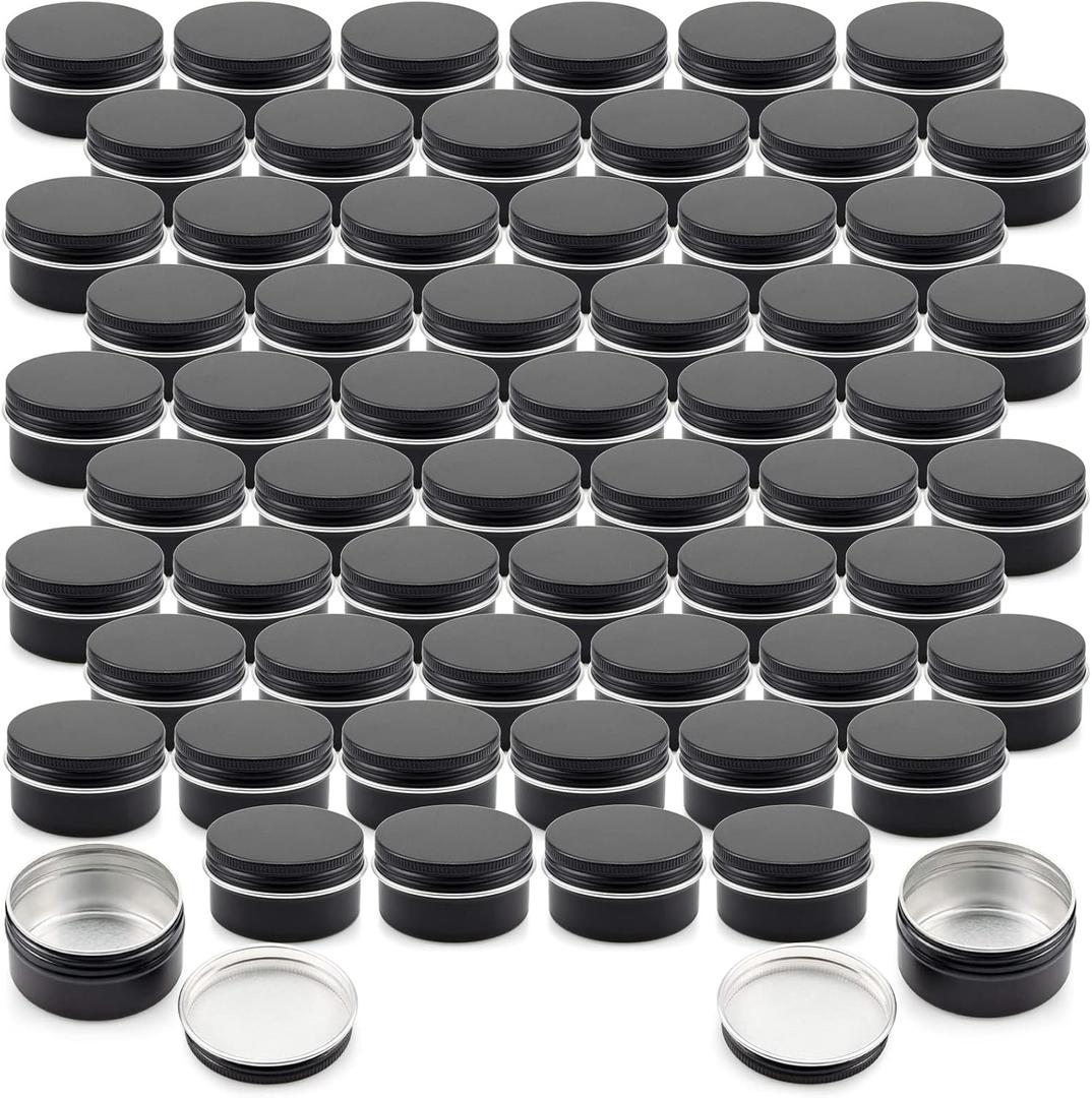 Foraineam 60 Pack 1 oz. Aluminum Round Lip Balm Tin Container Bottle with Screw Lid - Black Empty Tins for Salve, Powder, Spice, or Candies