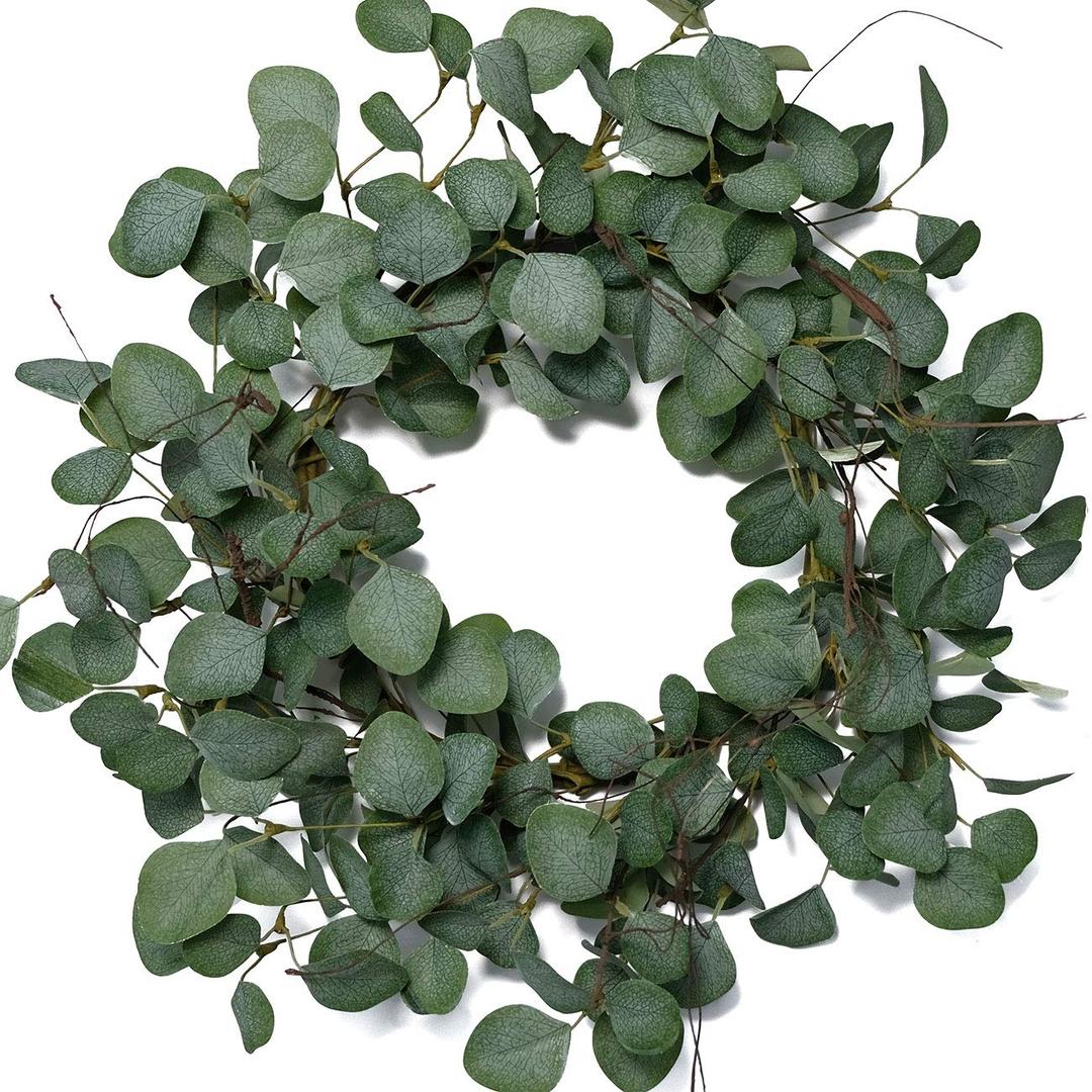 idyllic Eucalyptus Leaves Wreath Metal Polyester Fabric Paper Round Green Wreath 22 Inches for The Front Door Decor