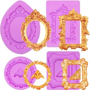 Photo Frame Fondant Molds Baroque Style Vintage Picture Frames Silicone Chocolate Molds for Cake Decorating Polymer Clay Candy Gum Paste Set of 4 (purple(NF225))