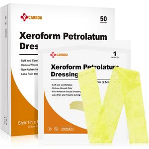 Carbou Medical Xeroform Petrolatum Dressing 1"x8", 50 Individual Pack, Non-Adherent Gauze Pads, Soft Fine Mesh Gauze Patch for Wound Care, Burns, Lacerations, Skin Grafts & Surgical Incisions