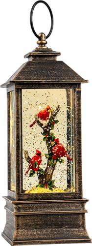 10'' Lighted Cardinal Music Snow Globe Water Lantern with Swirling Glitter Decoration for Christmas Home, Living Room, Battery Operated or USB Powered