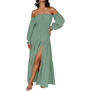 ZESICA Women's 2024 Boho Sexy Off Shoulder Long Sleeve Smocked High Waist Side Split Flowy A Line Tiered Long Maxi Dress, Green, Large