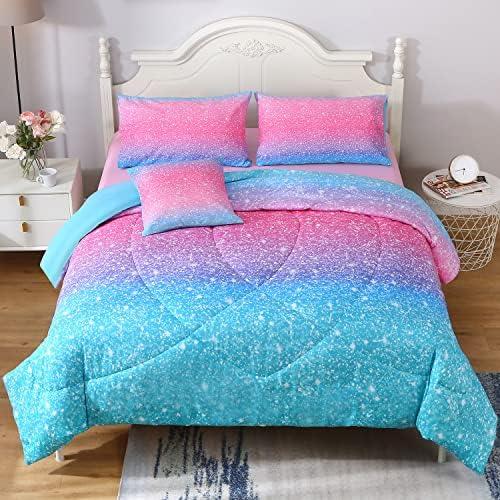 JQinHome Glitter Comforter Set Twin Size, 6 Piece Bed in A Bag 3D Colorful Duvet Pink Blue Bedding Sets for Girls Kids - (1 Comforter, 2 Pillowcases, 1 Flat Sheet, 1 Fitted Sheet, 1 Cushion Cover)