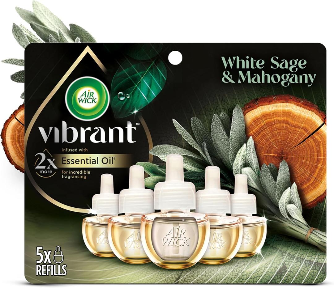 Air Wick Plug in Scented Oil Refill, 5ct, White Sage & Mahogany, Air Freshener, Essential Oils (0.68 Fl Oz (Pack of 5)