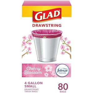 Glad Small Trash Bags 4 Gallon, Febreze Cherry Blossom Garbage Bags, Odor Resistant with Drawstring, 80 Count