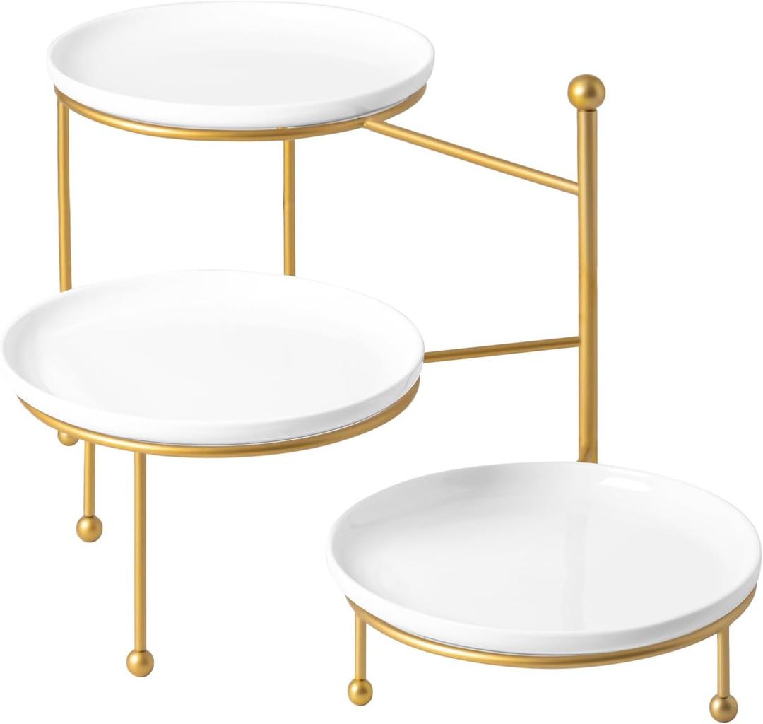 Kanwone 3 Tiered Serving Stand with White Porcelain Plates, 10" Round Tray, Dessert Table Display Set, Gold Metal Stand, Versatile & Durable