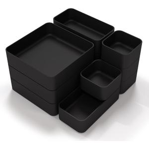 CHANCETSUI 11-Piece Stackable Drawer Organizer Set, Multi-size Desk Drawer Organizer Trays Vanity Storage Bins for Storing Makeup, Stationery, Utensils in Bathroom Dresser, Office and Kitchen (Black)