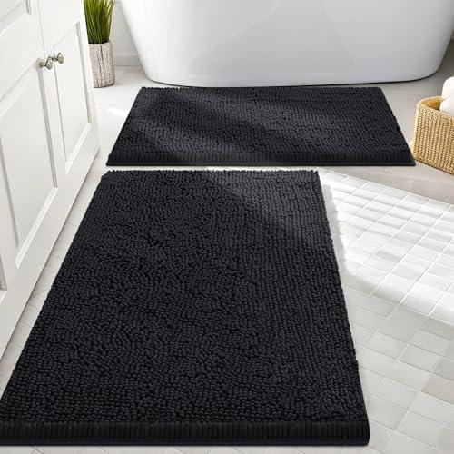 Smiry Bathroom Rugs Sets 2 Piece, Soft Absorbent Chenille Machine Washable Non Slip Shaggy Bath Rug Set for Tub, Shower, and Floor (30x20+24x16, Black)